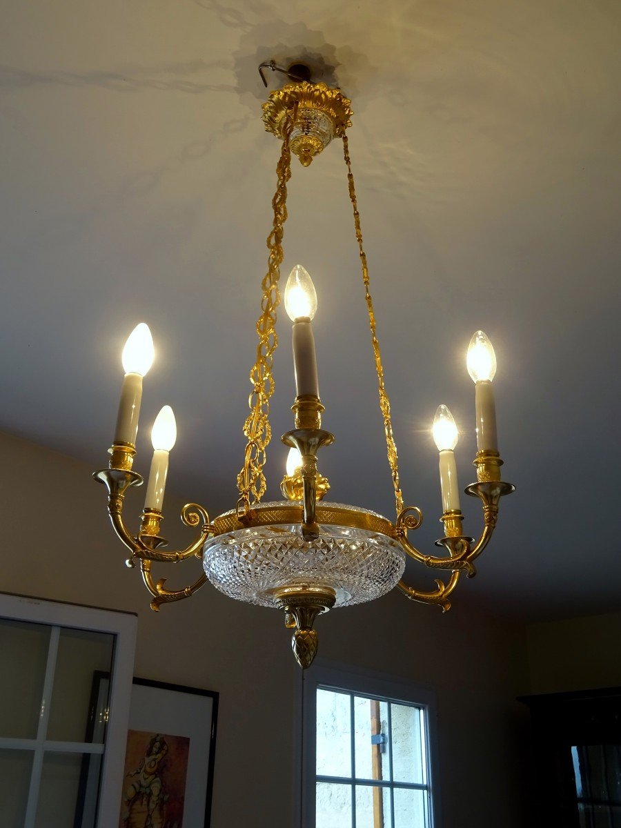 Empire-consulate Style Gilt Bronze And Cut Crystal Chandelier, In Very Good Condition-photo-3