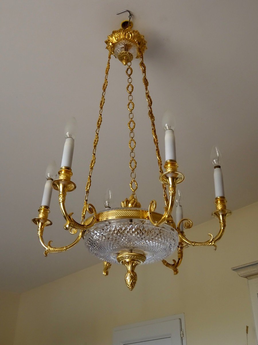 Empire-consulate Style Gilt Bronze And Cut Crystal Chandelier, In Very Good Condition-photo-3