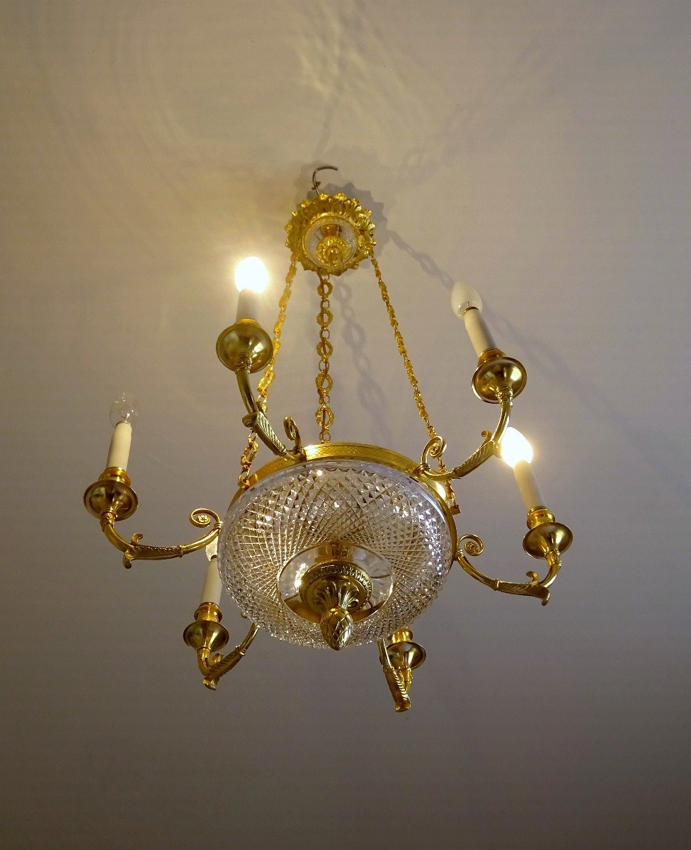 Empire-consulate Style Gilt Bronze And Cut Crystal Chandelier, In Very Good Condition-photo-6