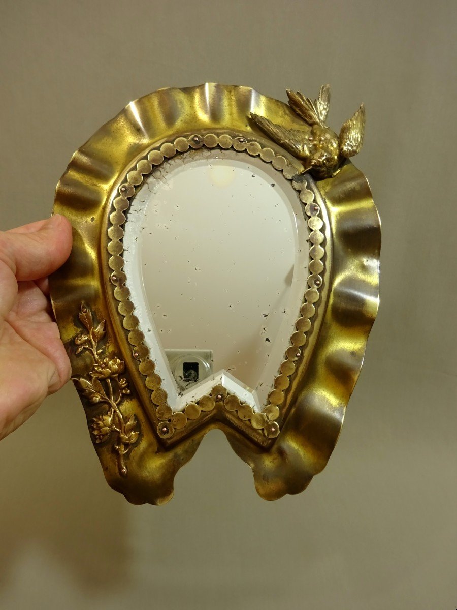 19th Century Movement Mirror In Golden Brass With Flower Applique Motifs And A Bird-photo-5