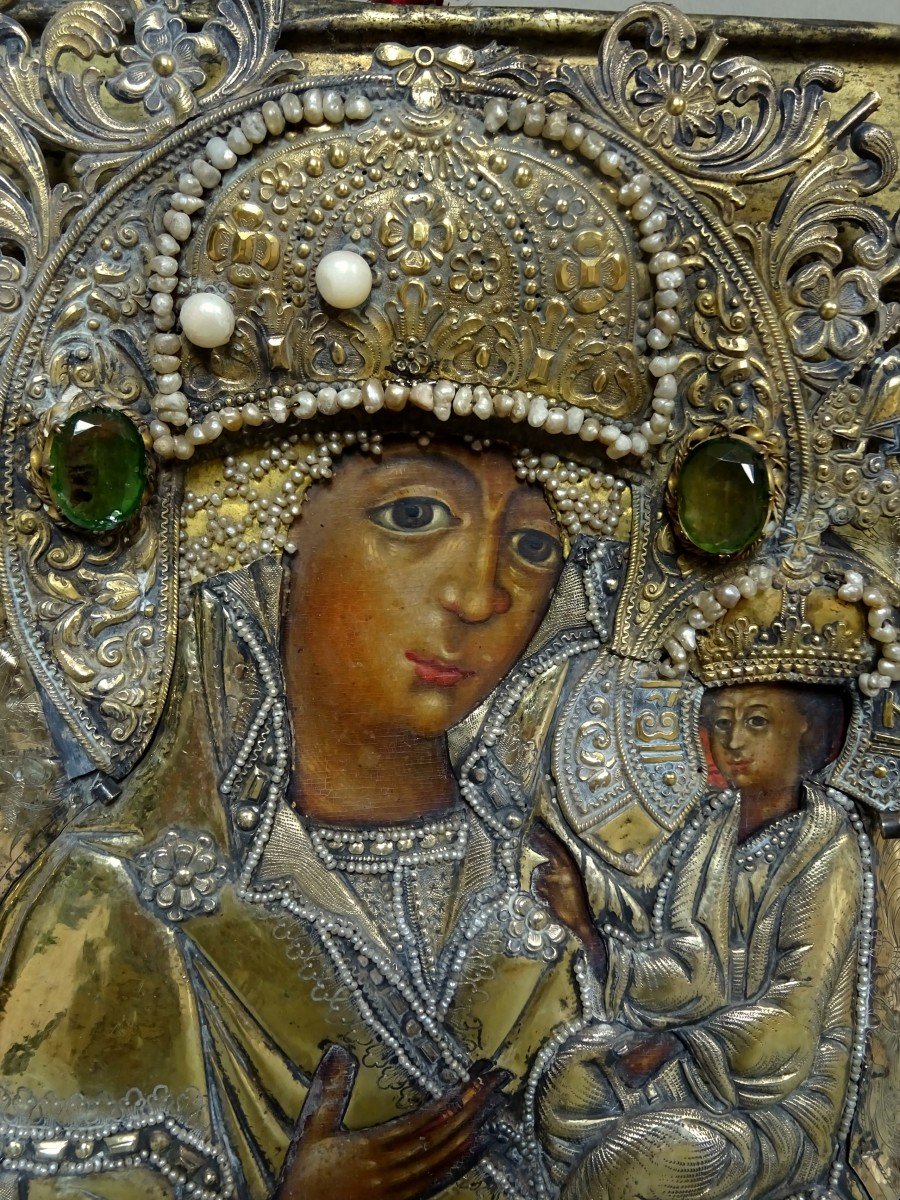 Icone Orthodoxe Russe, Notre Dame De Smolensk Hodigitria, ou M&egrave;re de Dieu de Smolensk, Vierge &agrave; l&#039;Enfant, Oklad en Vermeil-photo-4