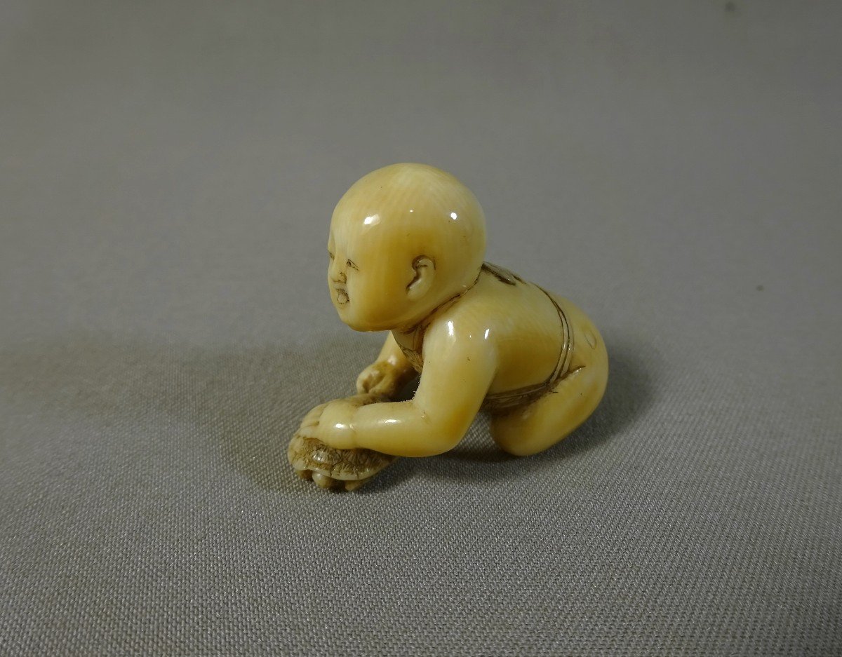 By Tomomasa, Japan Edo Period, (1630-1868) Netsuke Depicting A Boy Playing With A Turtle, Mid-19th Century-photo-3