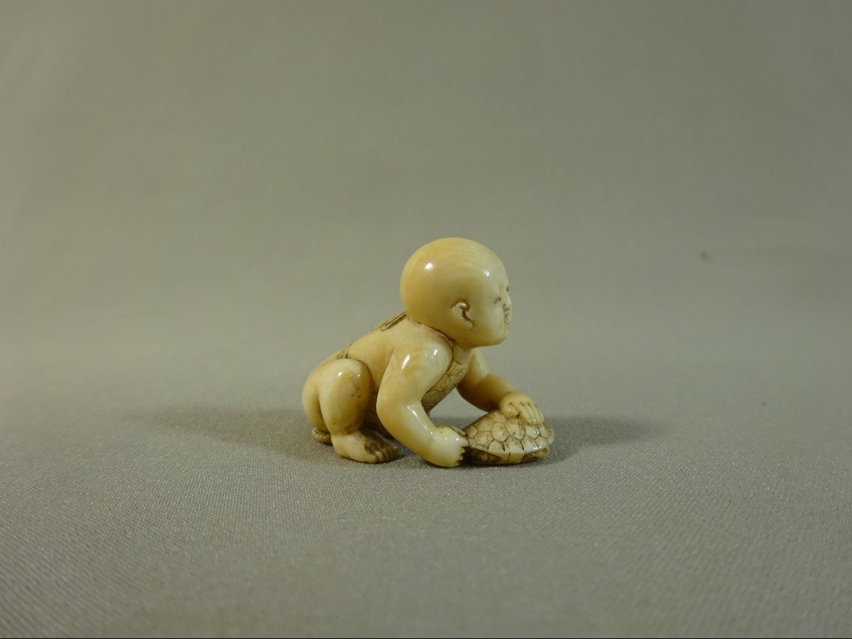 By Tomomasa, Japan Edo Period, (1630-1868) Netsuke Depicting A Boy Playing With A Turtle, Mid-19th Century-photo-2