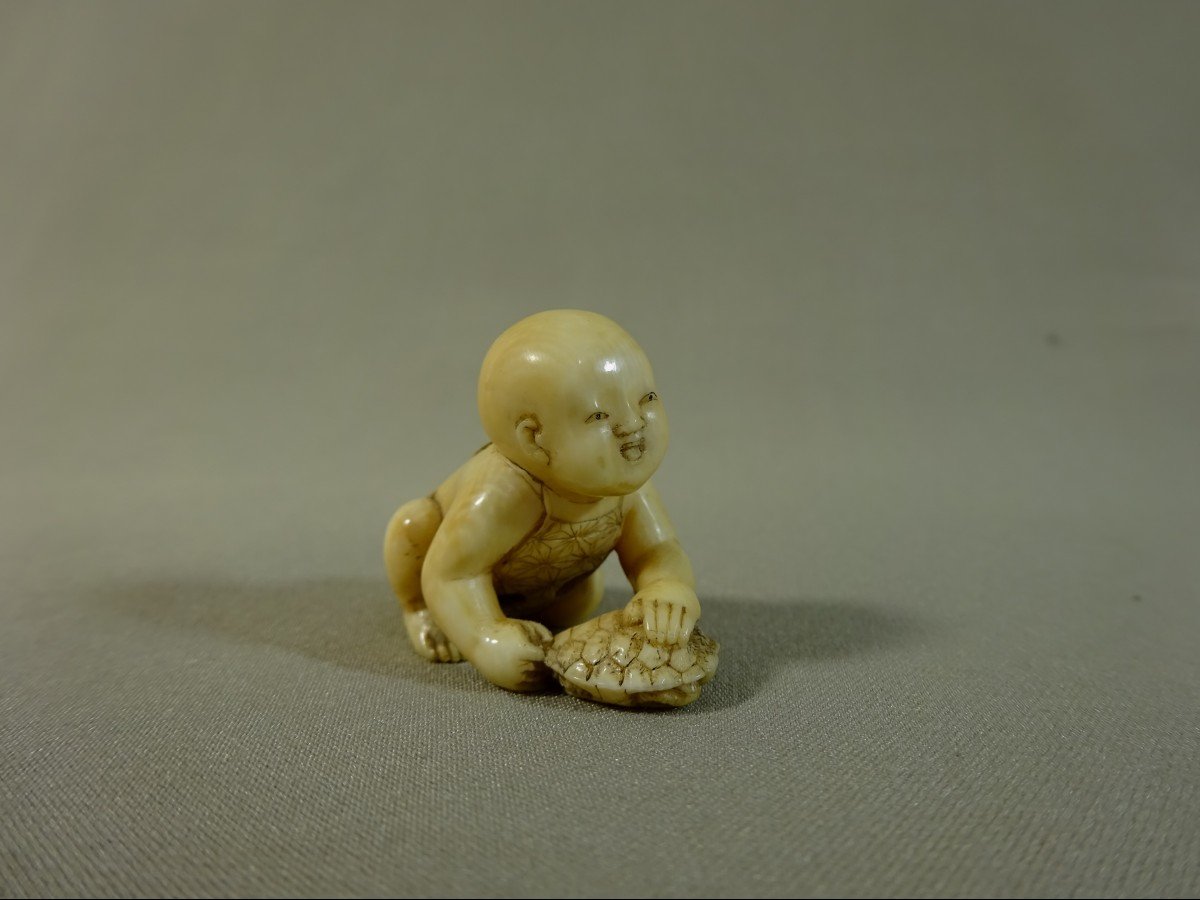 By Tomomasa, Japan Edo Period, (1630-1868) Netsuke Depicting A Boy Playing With A Turtle, Mid-19th Century-photo-3