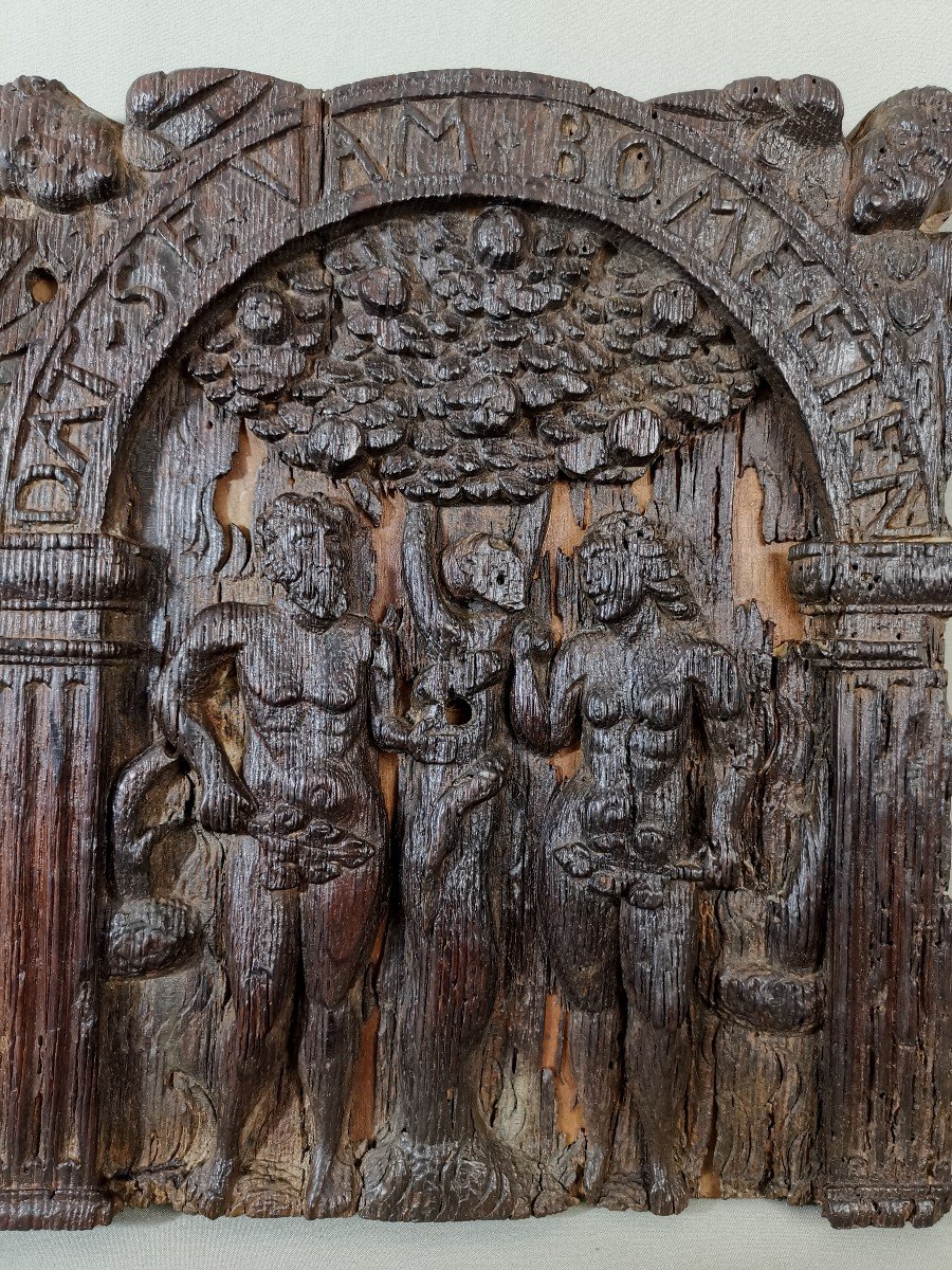 16th Century Flanders, Low Relief Carved Oak Panel, Adam And Eve Or The Original Sin-photo-2