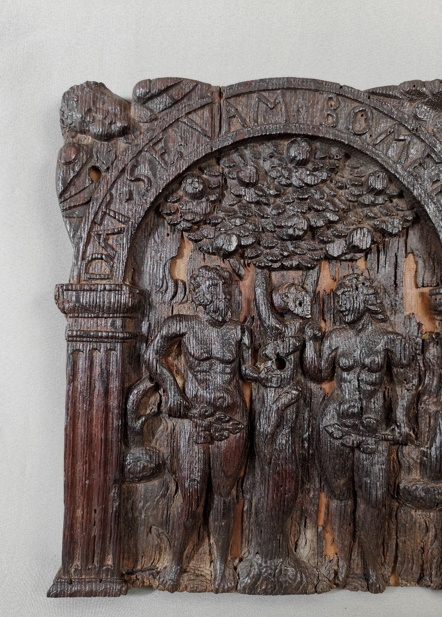 16th Century Flanders, Low Relief Carved Oak Panel, Adam And Eve Or The Original Sin-photo-3