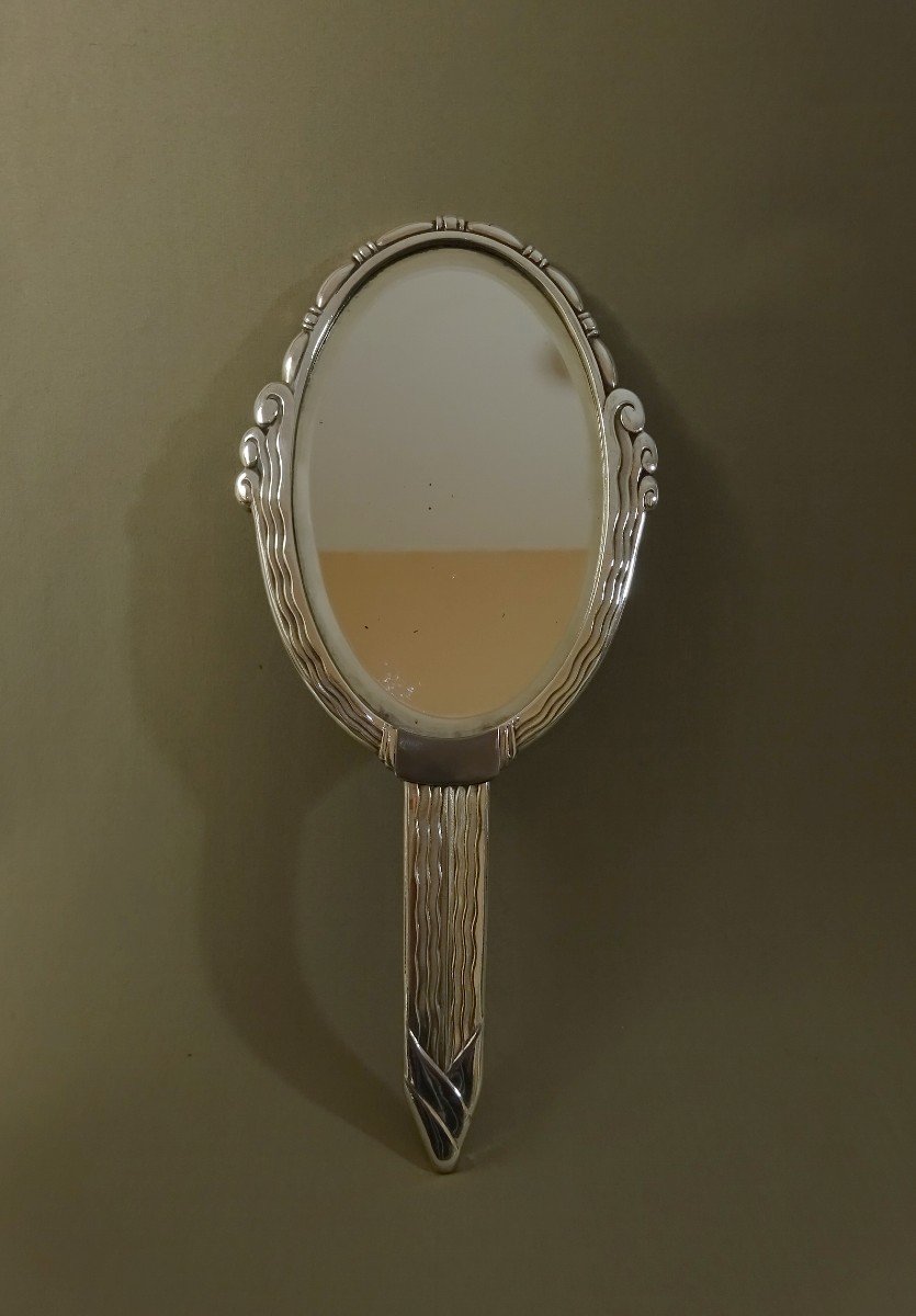 Beau Modèle Singulier De Miroir Face à Main D'Epoque Art Déco, Vers 1925-30, En Métal Argenté-photo-6