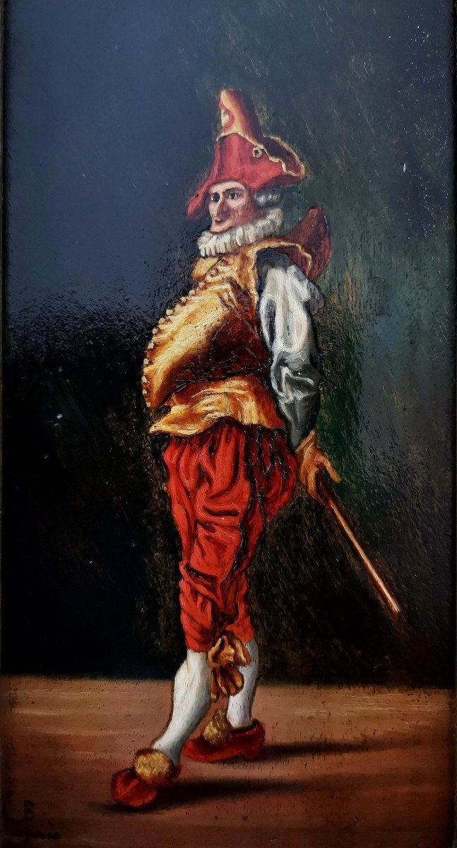 D&#039;apr&egrave;s Meissonier, Polichinelle, Bouffon Ou Fou Du Roi, Huile Sur Panneau, Fin du XIXeme Si&egrave;cle-photo-3