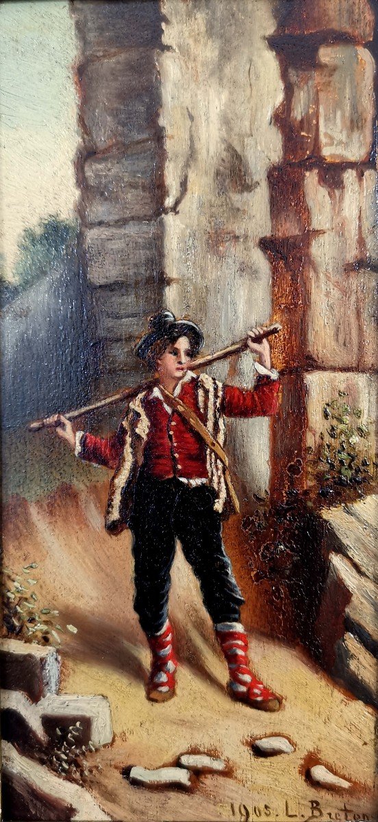 Old Hinge, Oil On Panel Figuring A Little Mountain Shepherd Or Shepherd, Signed L. Breton-photo-3