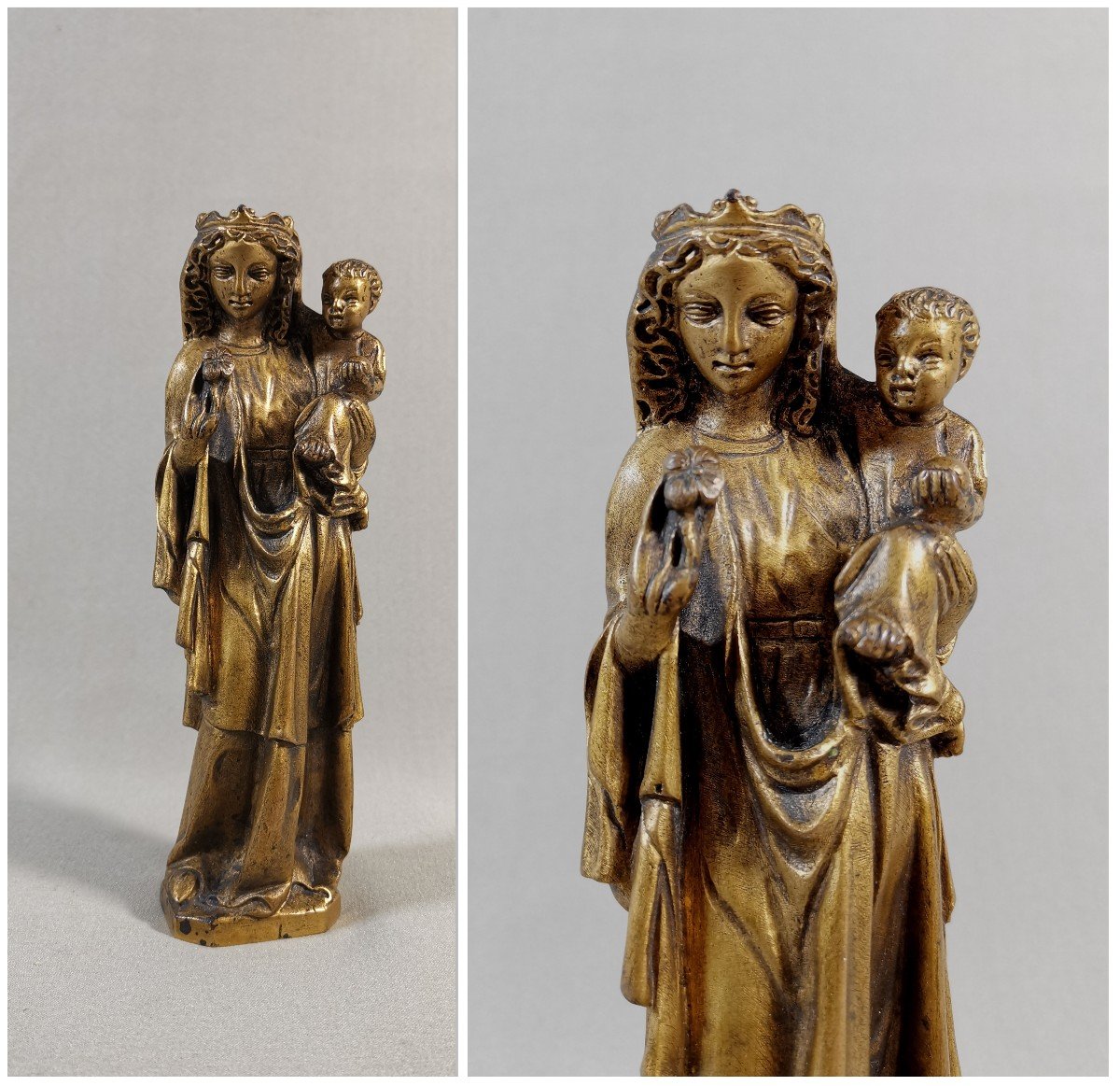 14th-15th Century Gothic Mosan Virgin And Child, Chased And Gilded Cast Bronze-photo-2