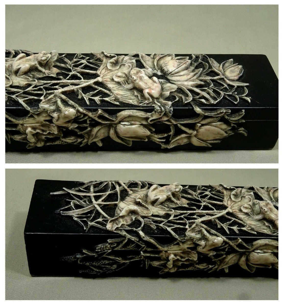 19th Century, Chinese Paintbrush Box Or Pen Box In Carved Stone With A Frog & Lotus Lake Décor-photo-4