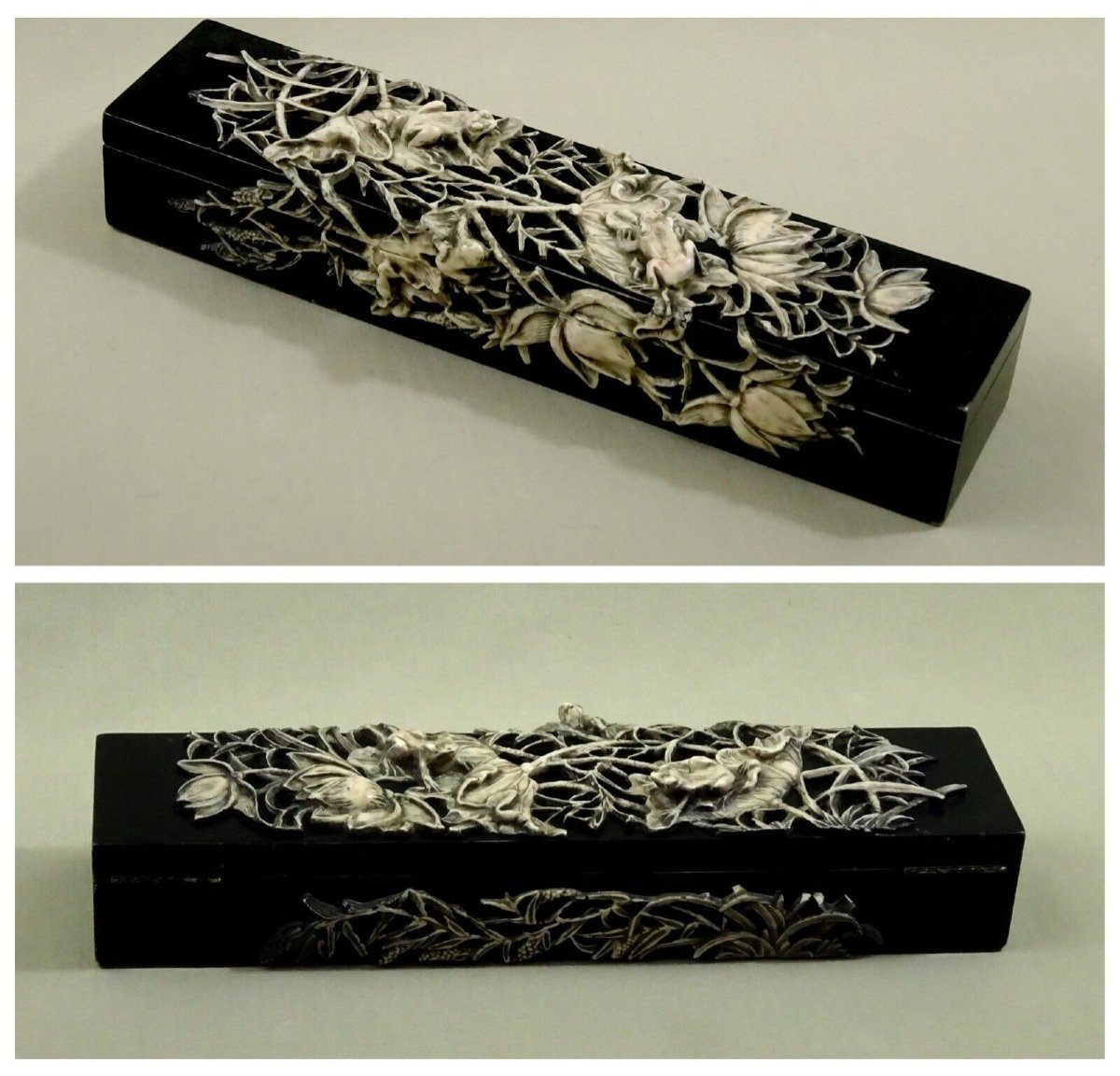 19th Century, Chinese Paintbrush Box Or Pen Box In Carved Stone With A Frog & Lotus Lake Décor-photo-1