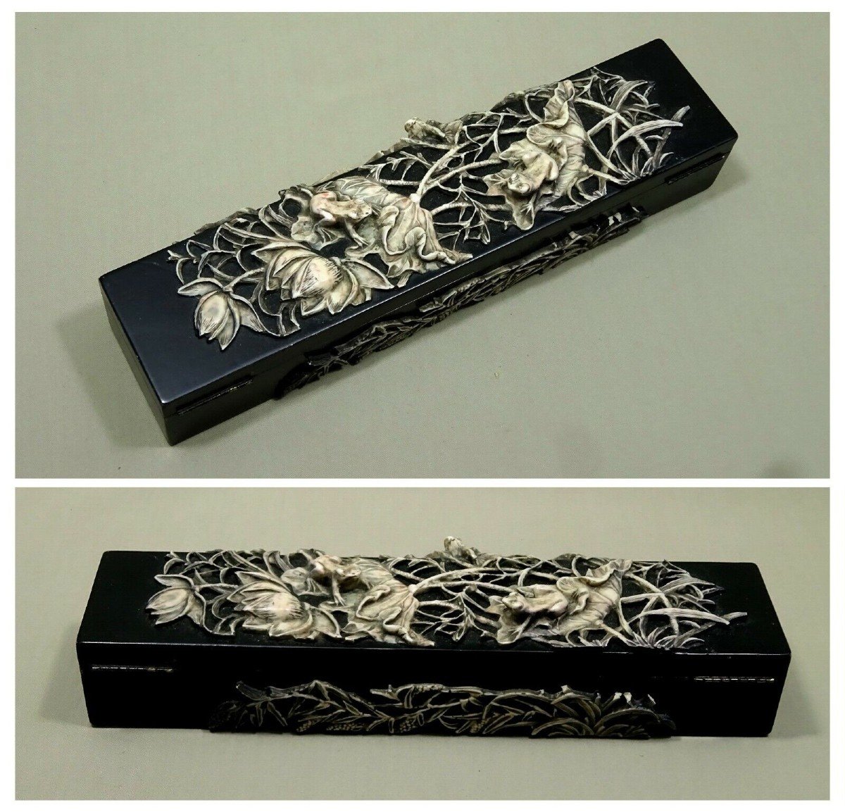 19th Century, Chinese Paintbrush Box Or Pen Box In Carved Stone With A Frog & Lotus Lake Décor-photo-7