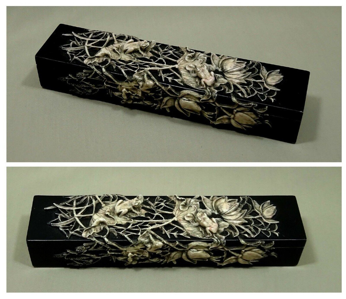 19th Century, Chinese Paintbrush Box Or Pen Box In Carved Stone With A Frog & Lotus Lake Décor