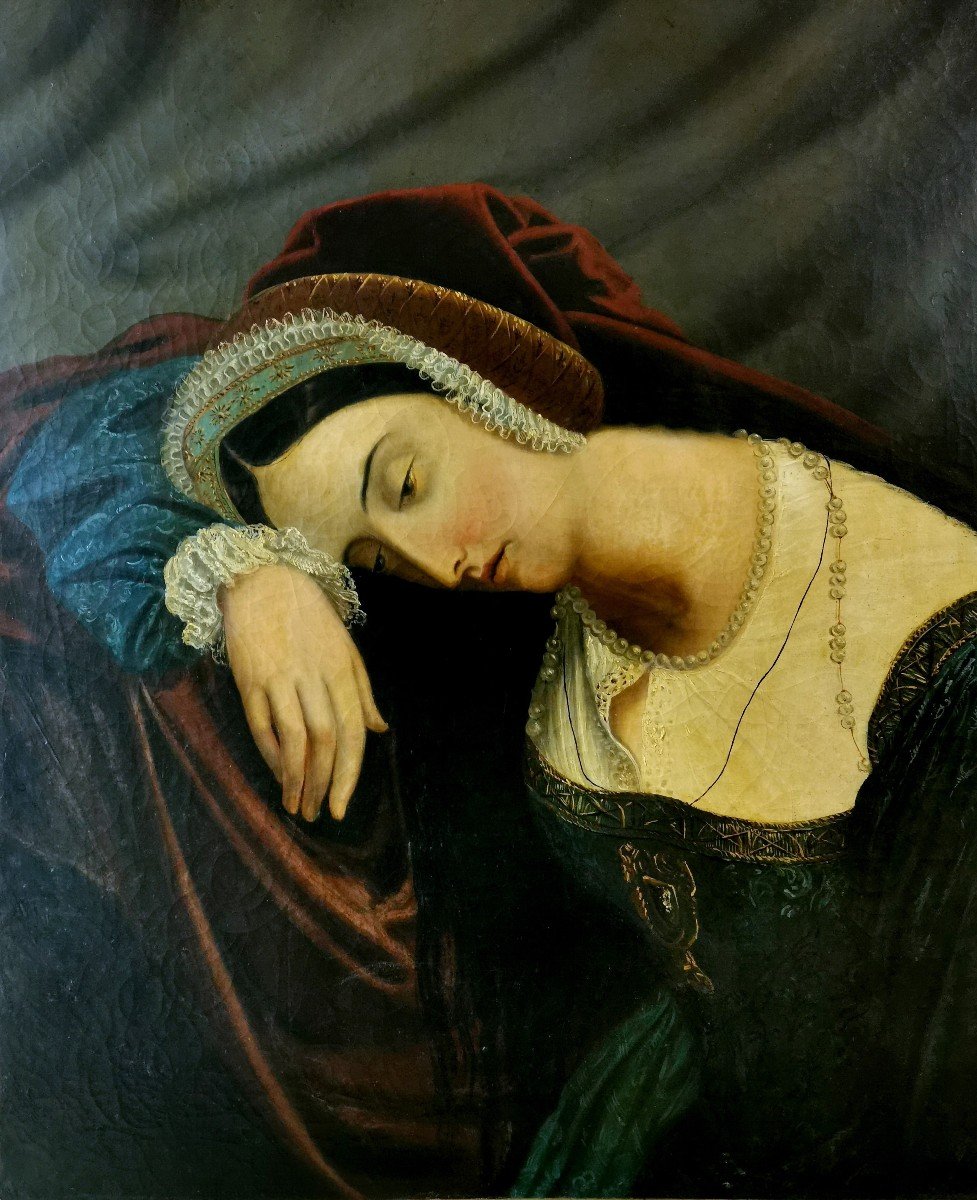 Tableau Peinture Huile sur Toile d'Epoque Empire , Début du XIXème Siècle,  Jeune Femme de Qualité Pensive-photo-3