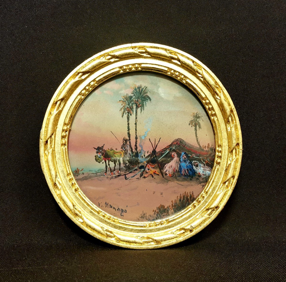 Vincent Manago, 19th Century Orientalist Gouache Depicting An Oasis Lively With A Camp-photo-2