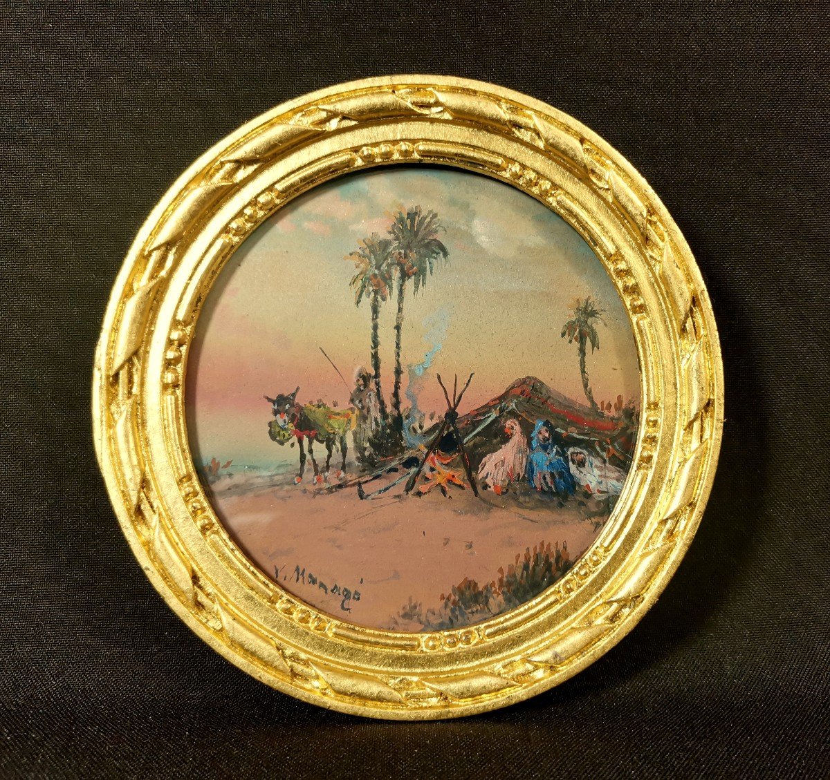 Vincent Manago, 19th Century Orientalist Gouache Depicting An Oasis Lively With A Camp-photo-3