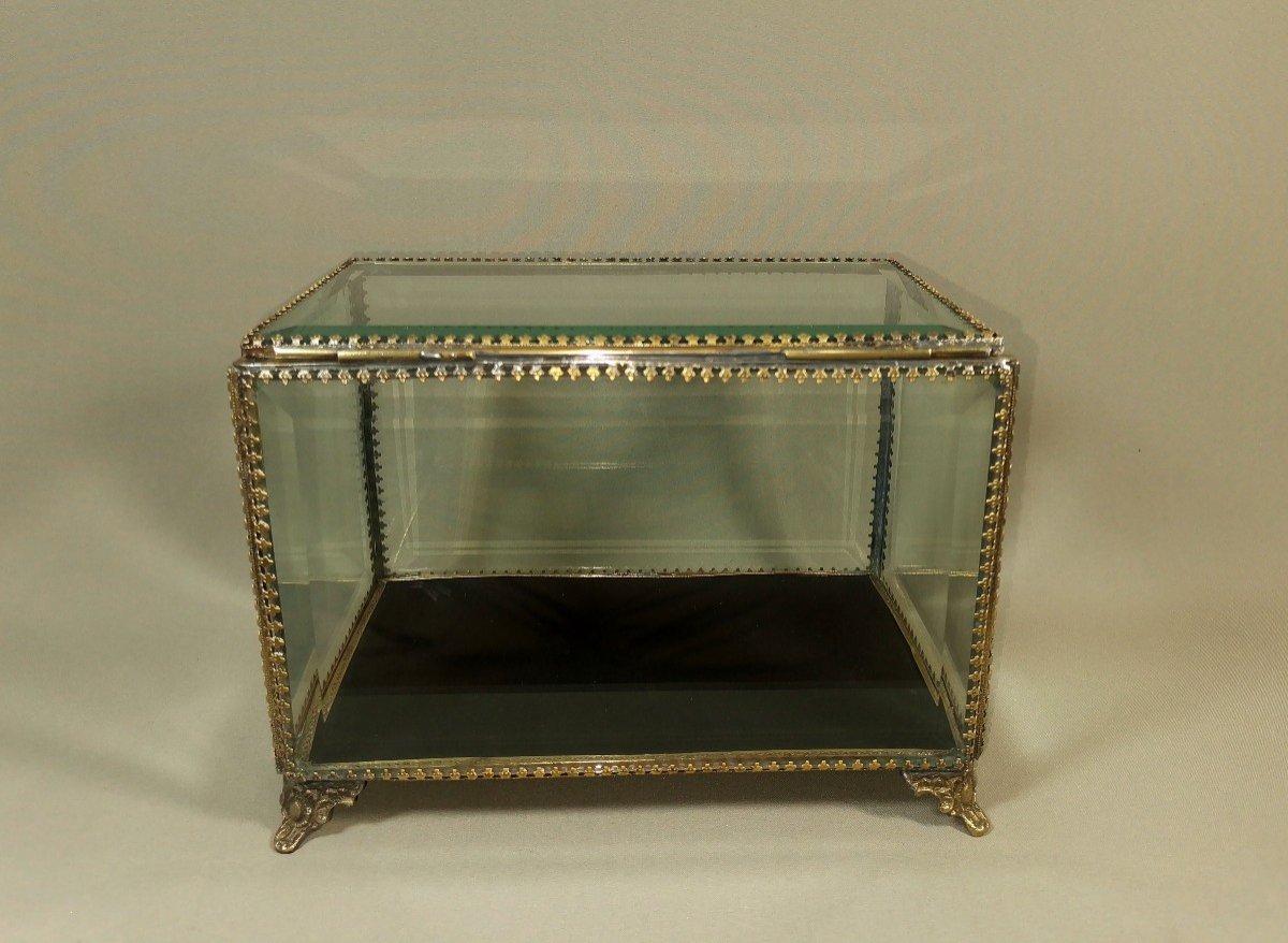 Large Old Box From The 19th Century In Cut Glass And Ornate & Gilded Brass-photo-1