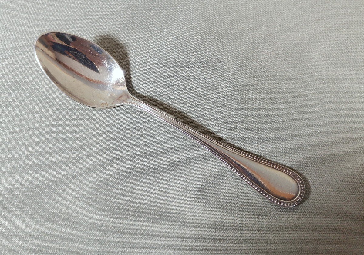 Service Of Twelve Small Moka Coffee Spoons In Silver Metal, Decorated With Beaded Lines-photo-3