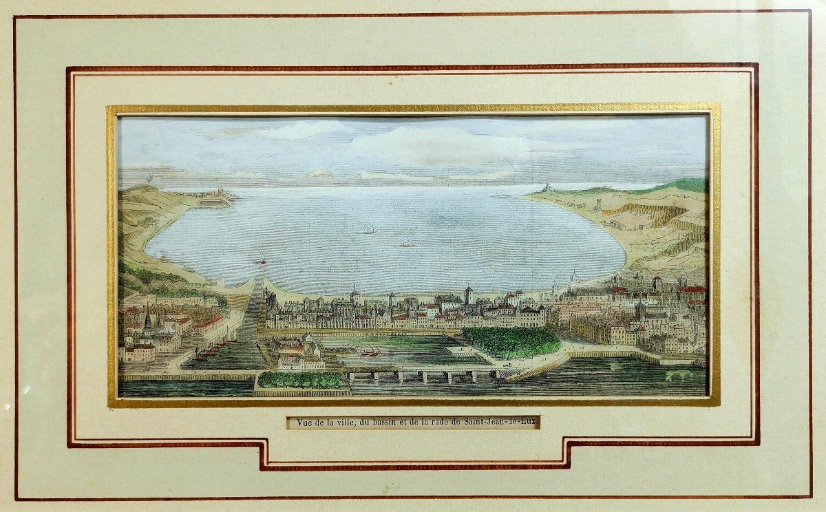 Saint Jean De Luz, 19th Century Burin Print, View Of The Town, The Basin And The Harbor-photo-2