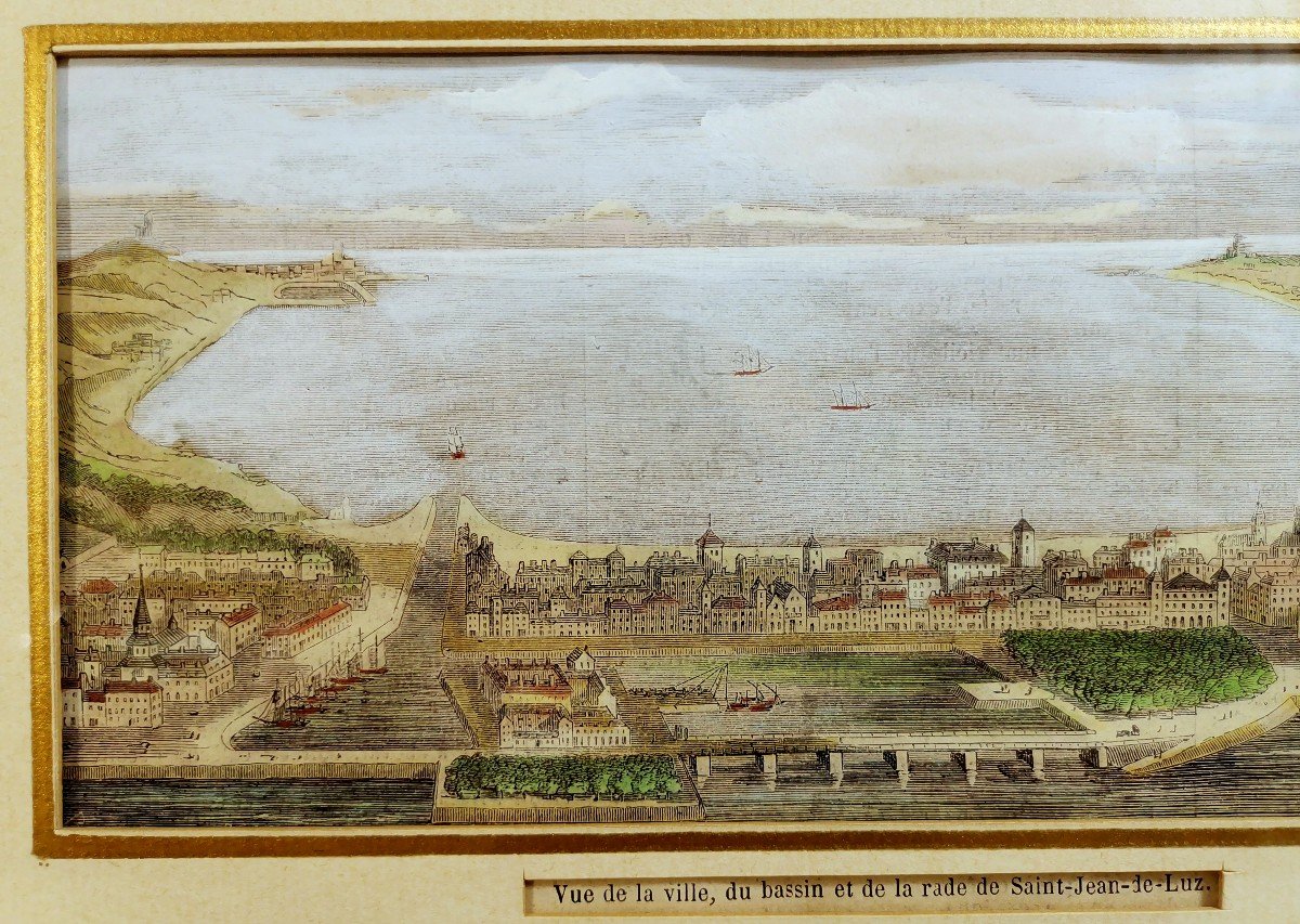 Saint Jean De Luz, 19th Century Burin Print, View Of The Town, The Basin And The Harbor-photo-4