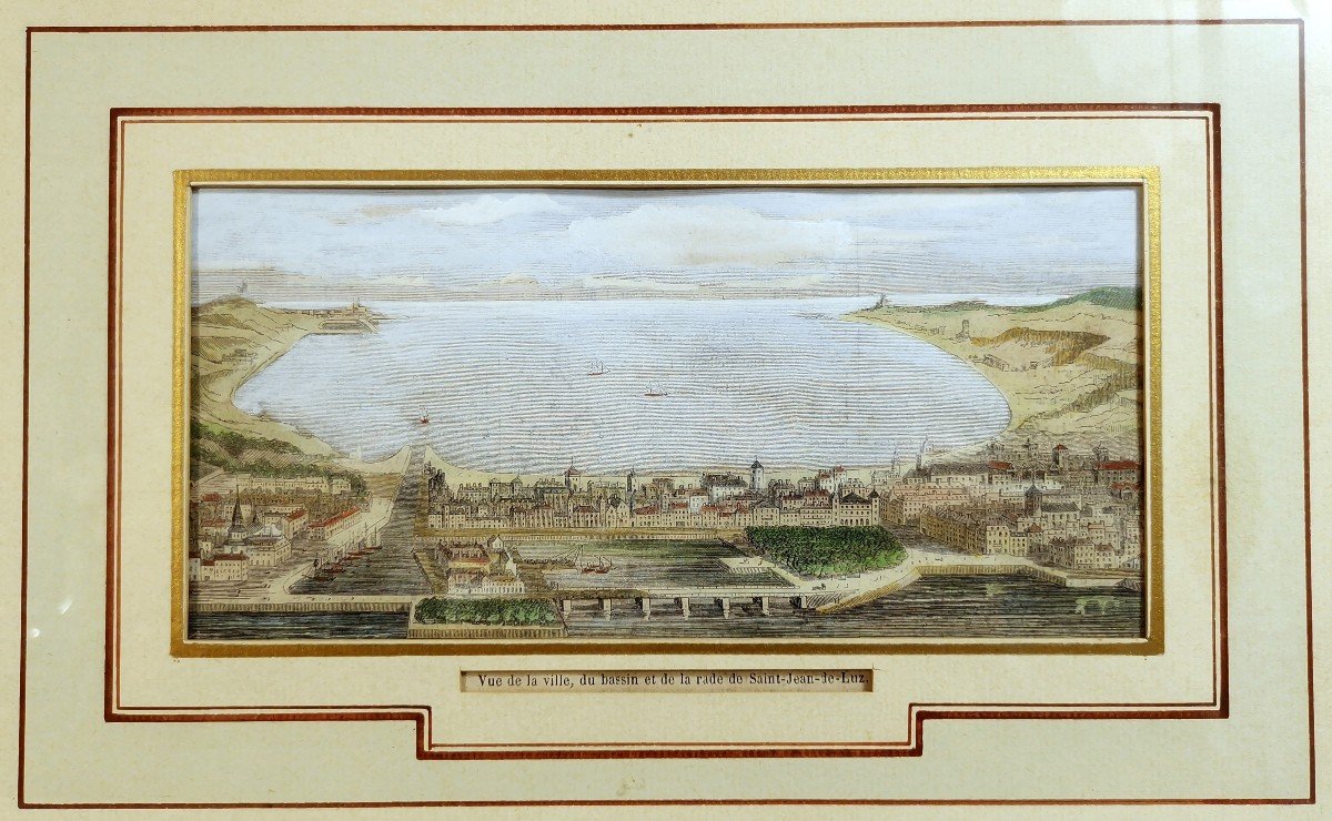 Saint Jean De Luz, 19th Century Burin Print, View Of The Town, The Basin And The Harbor-photo-2