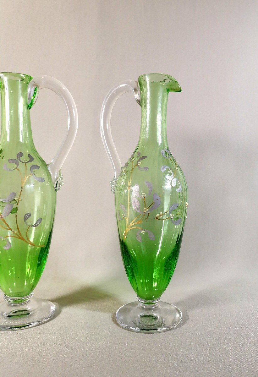 Pair Of Art Nouveau Period Jug Ewers, Naturalist Mistletoe Enamelled Decor -photo-2