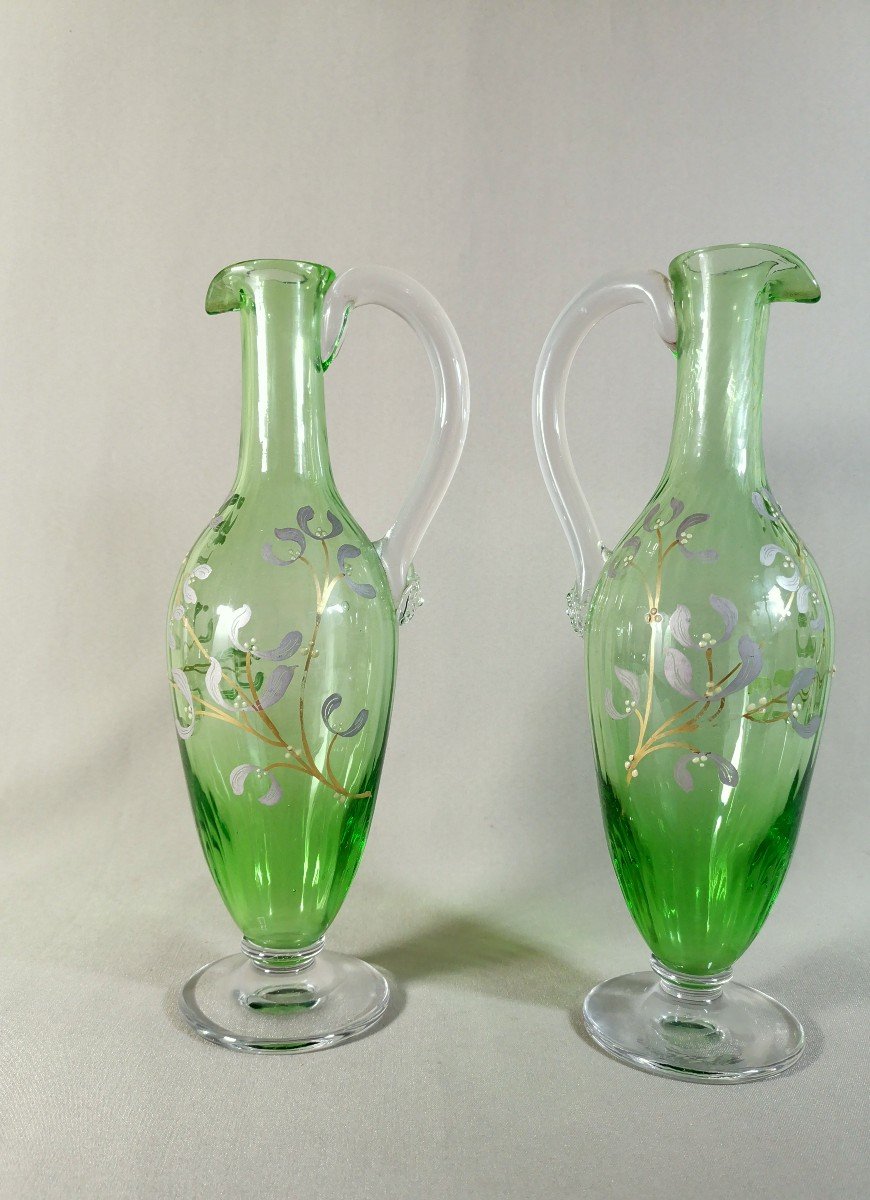 Pair Of Art Nouveau Period Jug Ewers, Naturalist Mistletoe Enamelled Decor -photo-3