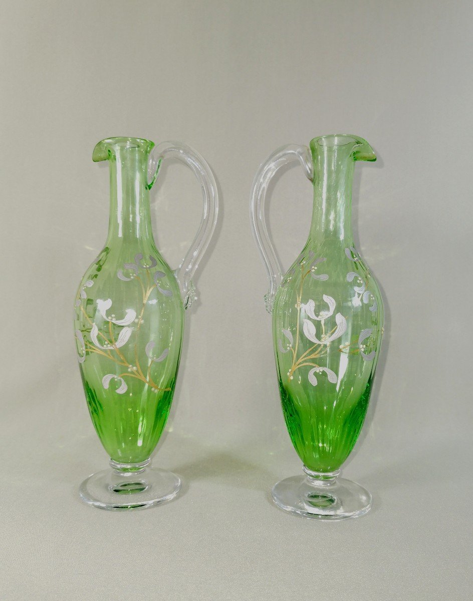 Pair Of Art Nouveau Period Jug Ewers, Naturalist Mistletoe Enamelled Decor -photo-4