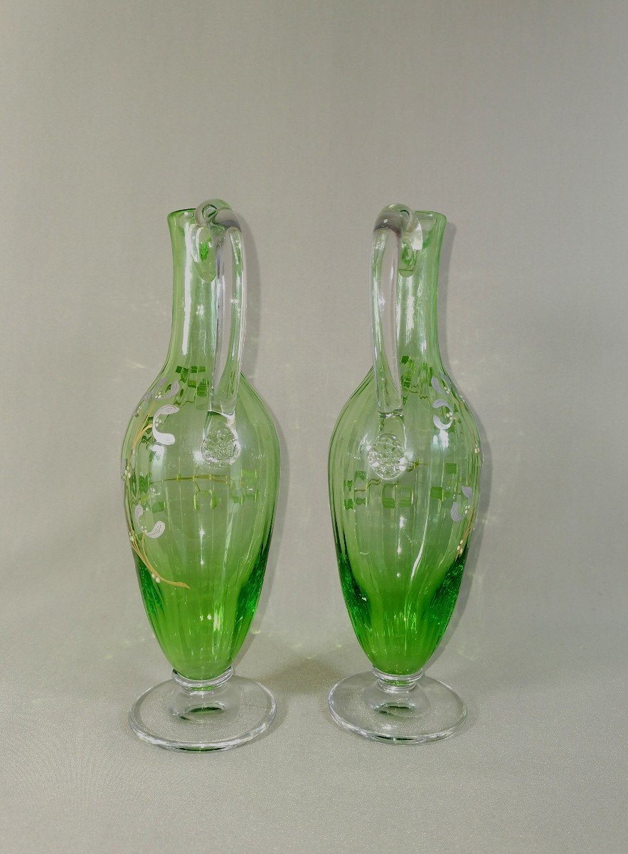 Pair Of Art Nouveau Period Jug Ewers, Naturalist Mistletoe Enamelled Decor -photo-1