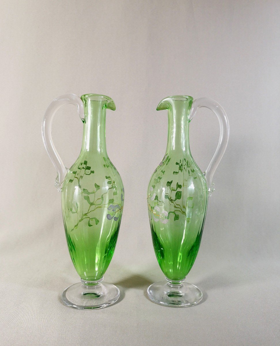 Pair Of Art Nouveau Period Jug Ewers, Naturalist Mistletoe Enamelled Decor -photo-4