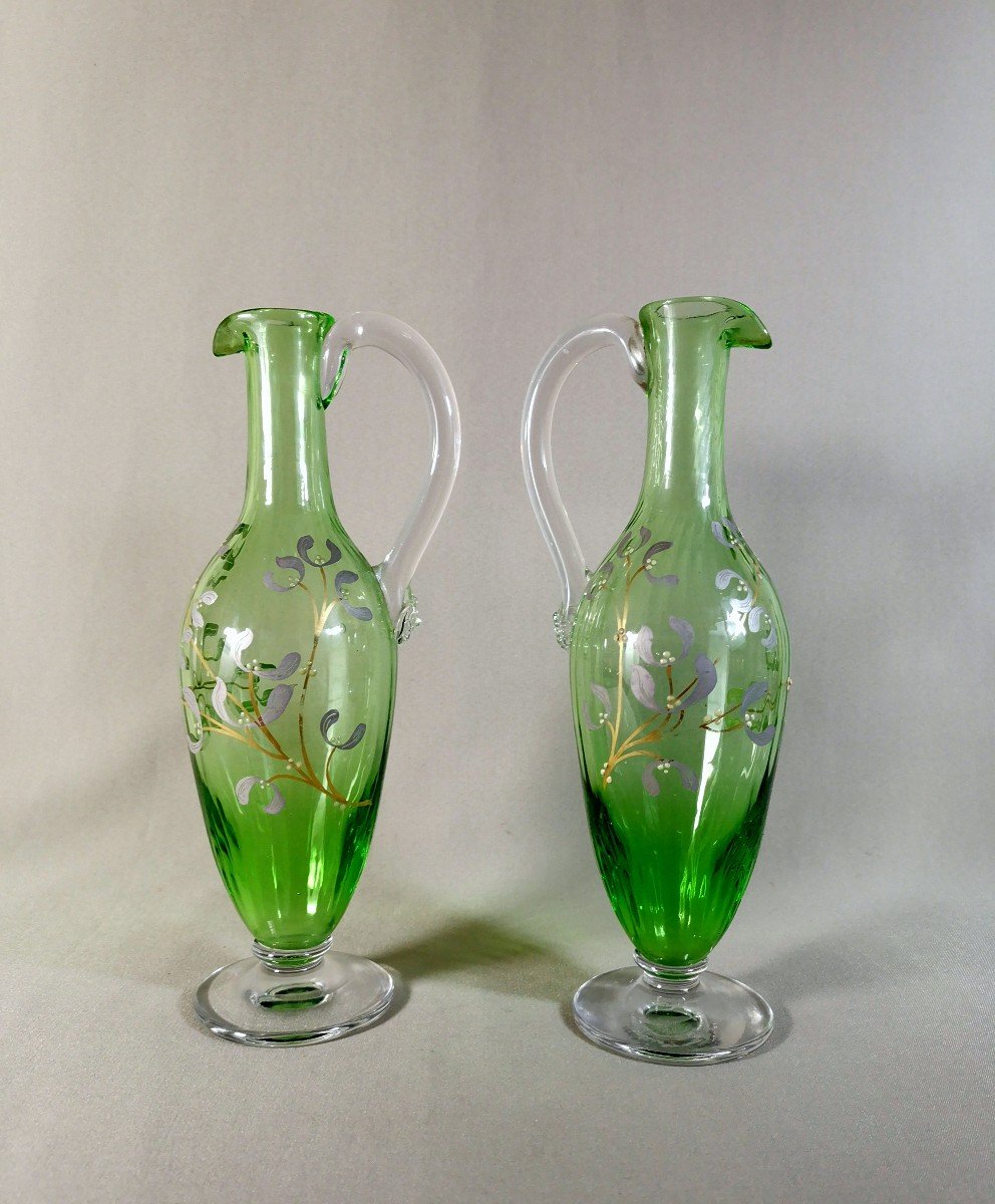 Pair Of Art Nouveau Period Jug Ewers, Naturalist Mistletoe Enamelled Decor 