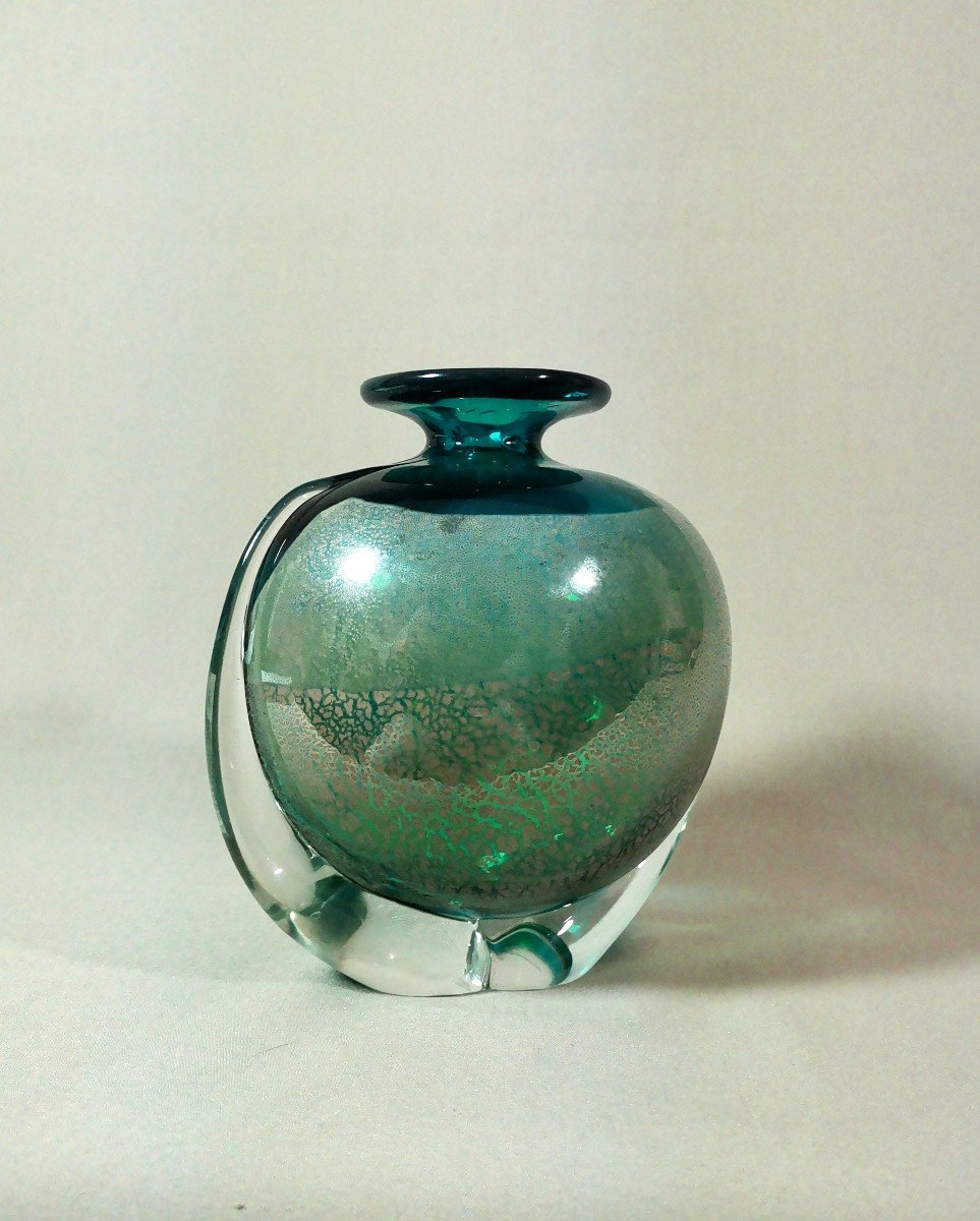 Michael Harris, Vase Vintage Mdina S&eacute;rie &laquo;sea And Sand&raquo;  Bleu Nuanc&eacute; Vert &amp; Feuilles M&eacute;tallique-photo-3