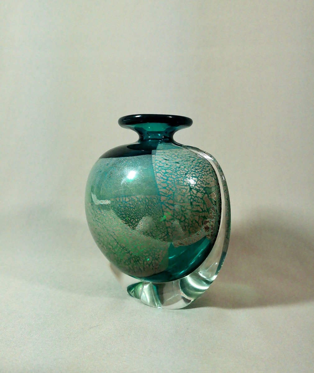 Michael Harris, Vase Vintage Mdina S&eacute;rie &laquo;sea And Sand&raquo;  Bleu Nuanc&eacute; Vert &amp; Feuilles M&eacute;tallique-photo-4