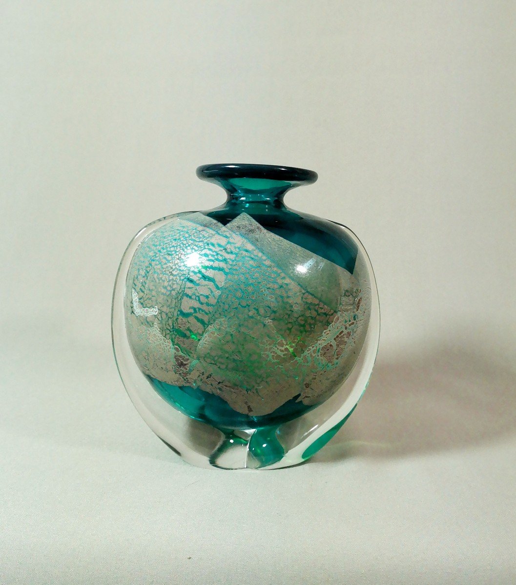 Michael Harris, Vase Vintage Mdina S&eacute;rie &laquo;sea And Sand&raquo;  Bleu Nuanc&eacute; Vert &amp; Feuilles M&eacute;tallique-photo-4