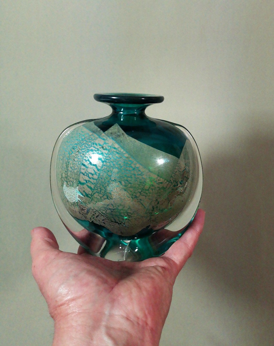 Michael Harris, Vase Vintage Mdina S&eacute;rie &laquo;sea And Sand&raquo;  Bleu Nuanc&eacute; Vert &amp; Feuilles M&eacute;tallique-photo-7