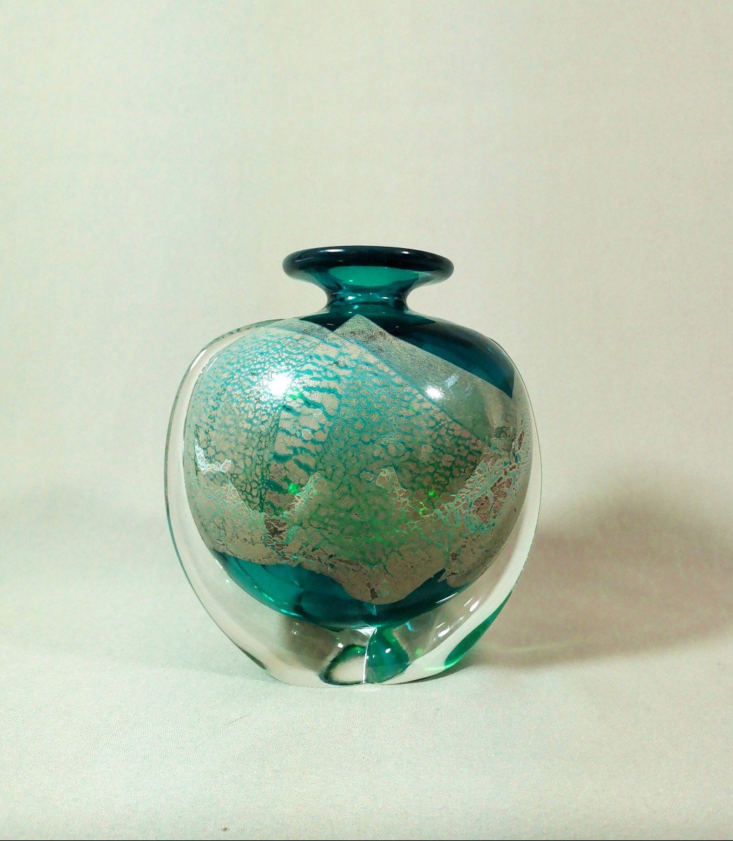 Michael Harris, Vase Vintage Mdina S&eacute;rie &laquo;sea And Sand&raquo;  Bleu Nuanc&eacute; Vert &amp; Feuilles M&eacute;tallique