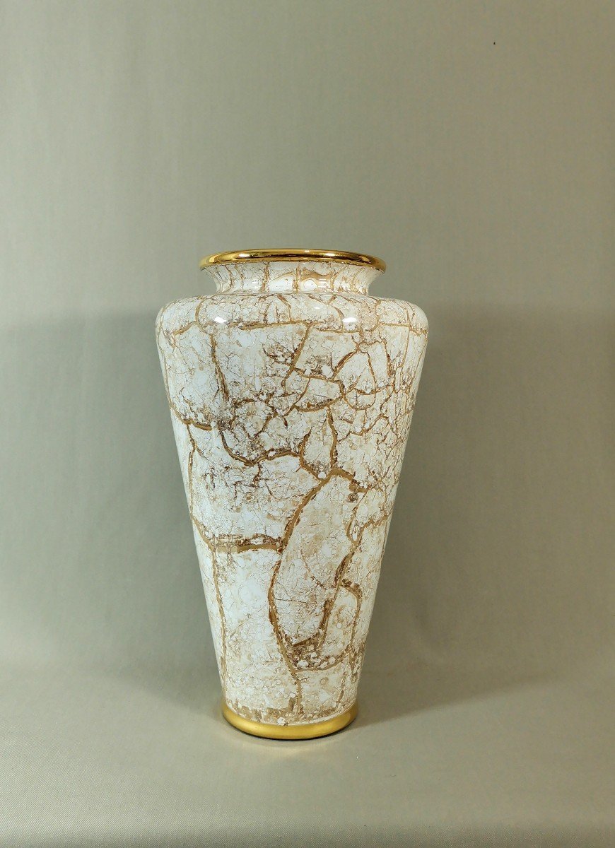Lancel à Paris Important Vase Balustre, Décor Ocre Métallescent à l'Imitation du Marbre & Or-photo-2