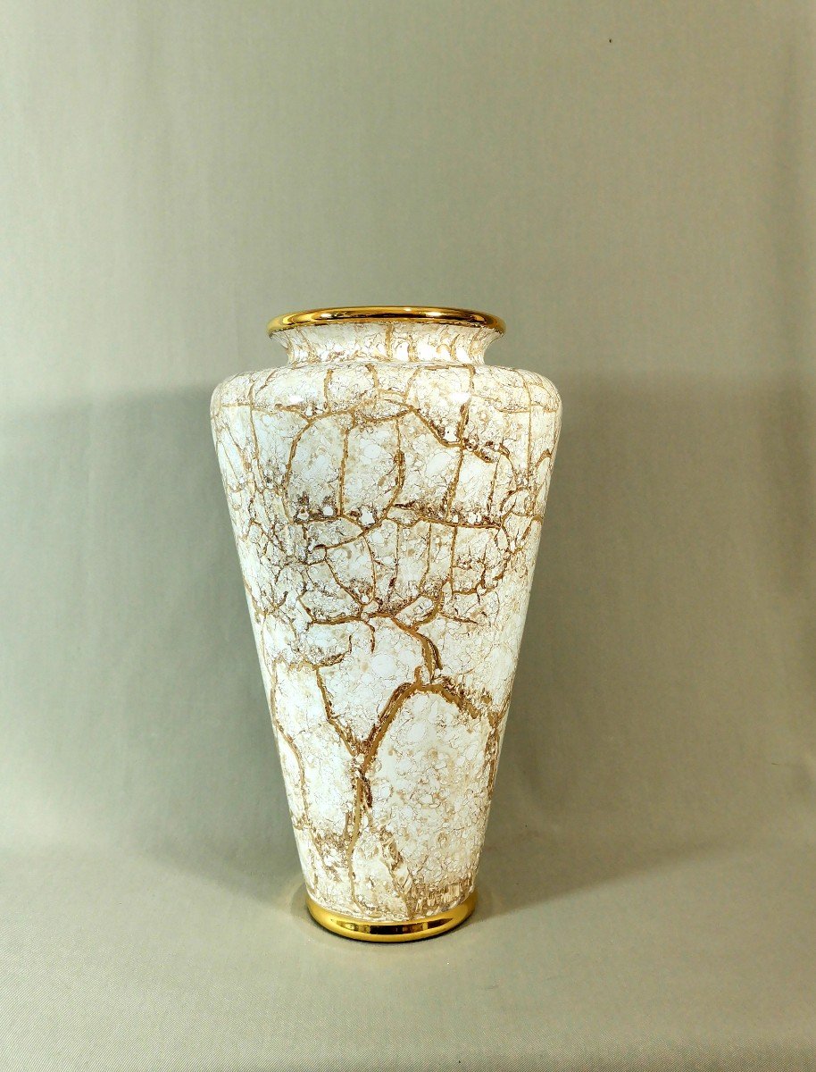 Lancel à Paris Important Vase Balustre, Décor Ocre Métallescent à l'Imitation du Marbre & Or-photo-4