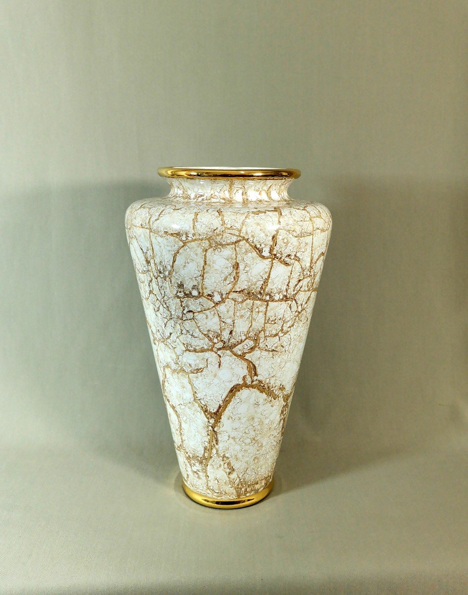 Lancel à Paris Important Vase Balustre, Décor Ocre Métallescent à l'Imitation du Marbre & Or-photo-6