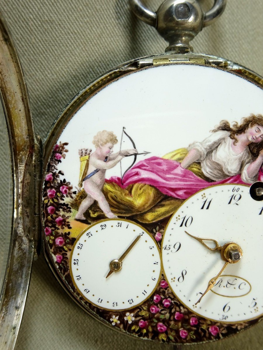 Robert & Courvoisier, Verge And Cock Watch, Enamel Painted Decoration S/copper, Psyche & Cupid-photo-4