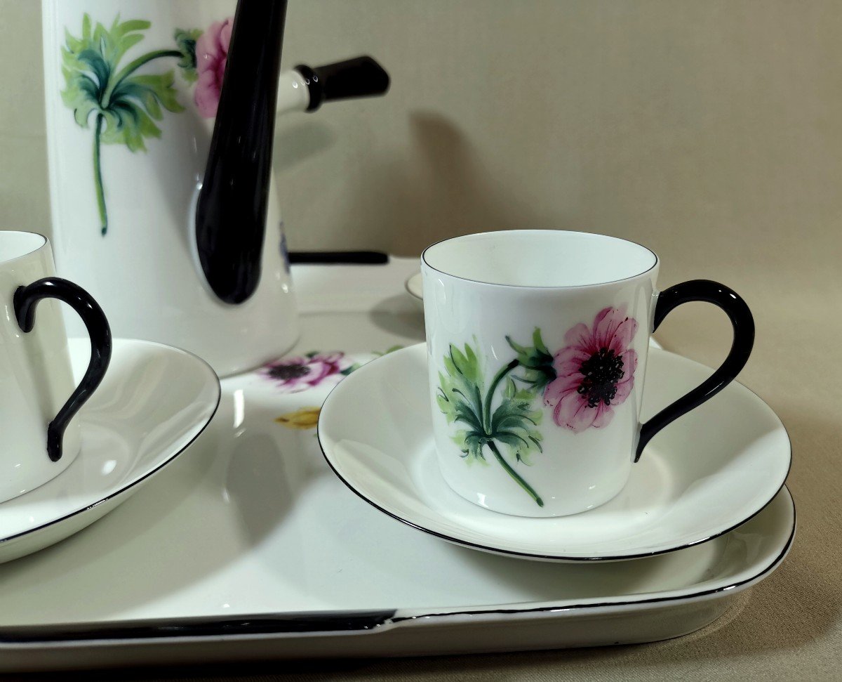 Service T&ecirc;te &agrave; T&ecirc;te &agrave; Caf&eacute; ou Chocolat Ancien, Porcelaine de Limoges, D&eacute;cor Peint  de Fleurs-photo-3