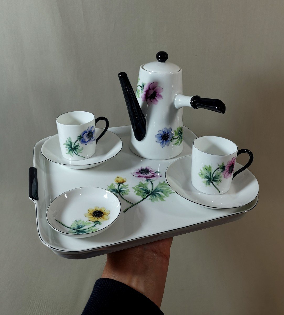 Service T&ecirc;te &agrave; T&ecirc;te &agrave; Caf&eacute; ou Chocolat Ancien, Porcelaine de Limoges, D&eacute;cor Peint  de Fleurs-photo-8