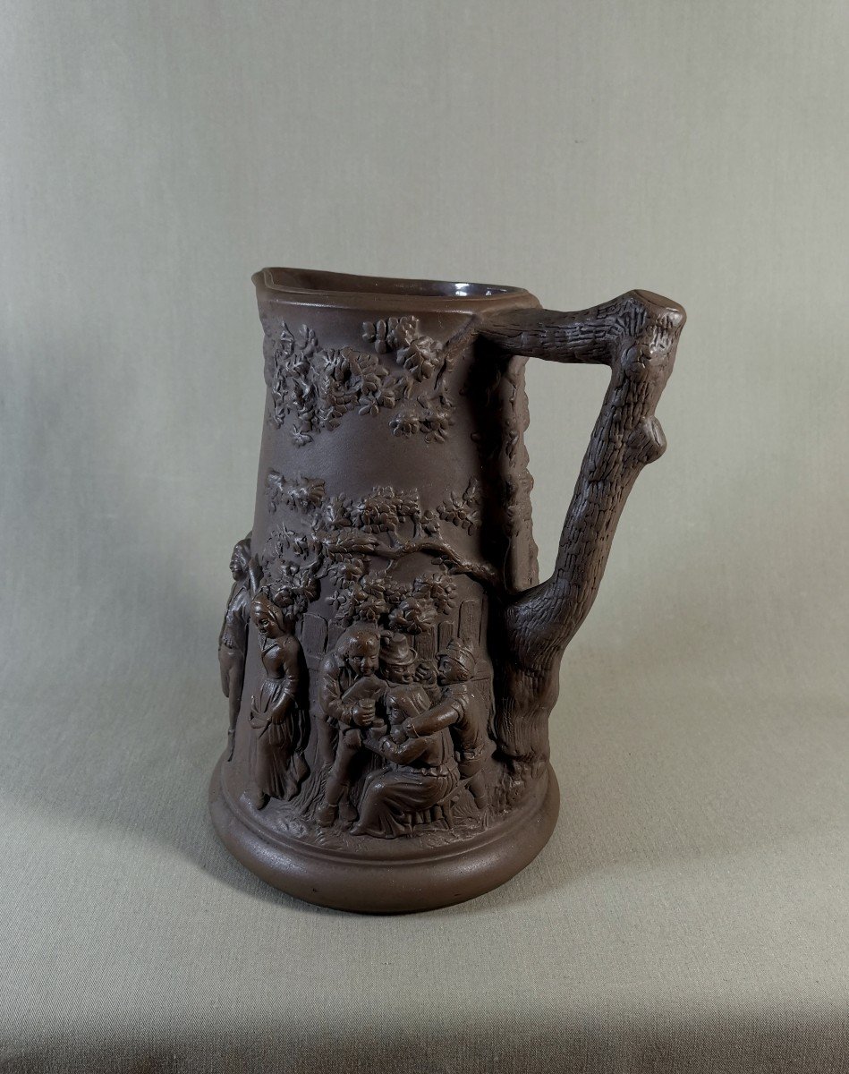 Sarreguemines 19th Century, Medieval Village Scene, Large Porcelain Stone Jug-photo-3