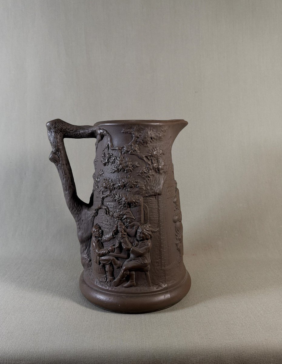 Sarreguemines 19th Century, Medieval Village Scene, Large Porcelain Stone Jug-photo-2