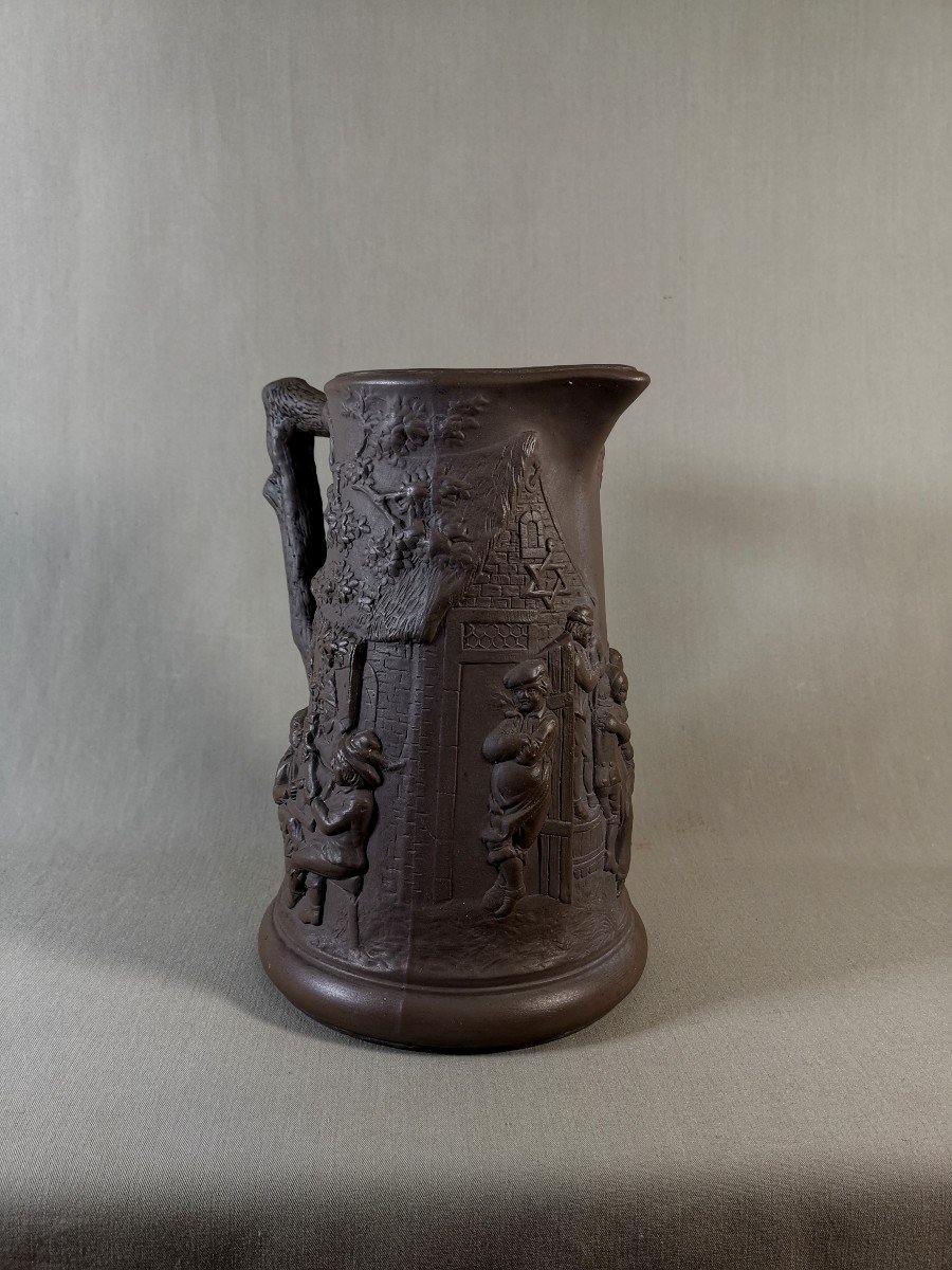 Sarreguemines 19th Century, Medieval Village Scene, Large Porcelain Stone Jug-photo-3