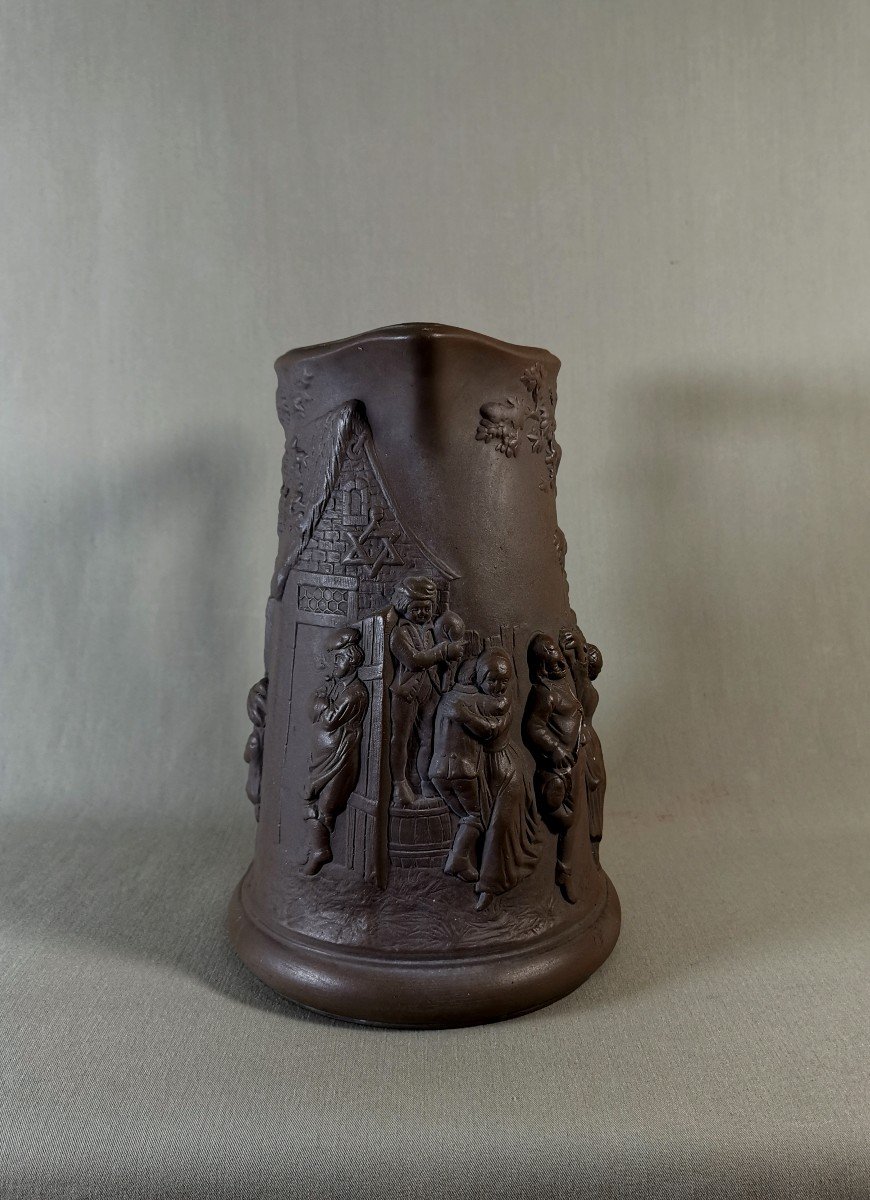 Sarreguemines 19th Century, Medieval Village Scene, Large Porcelain Stone Jug-photo-5