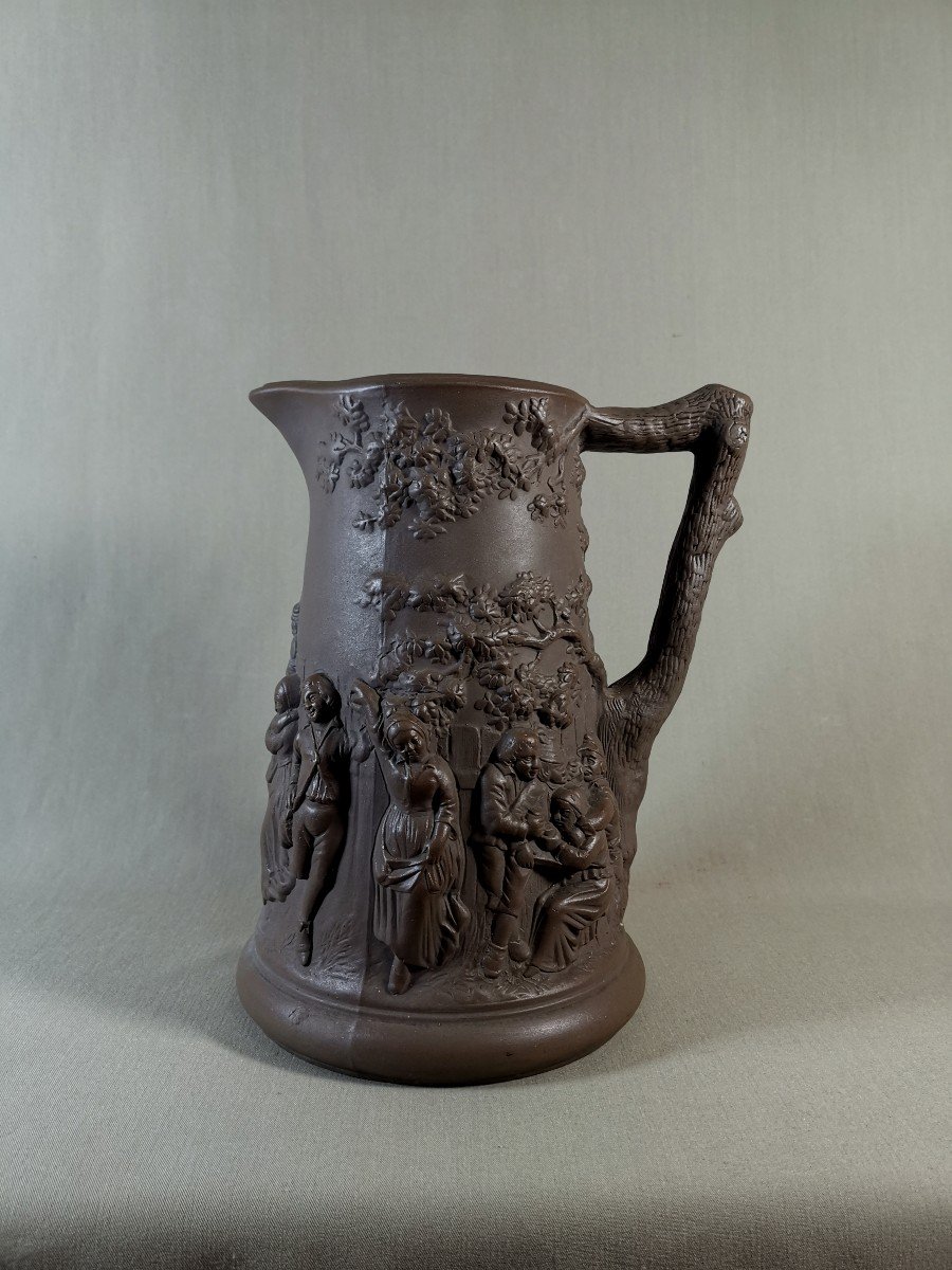 Sarreguemines 19th Century, Medieval Village Scene, Large Porcelain Stone Jug