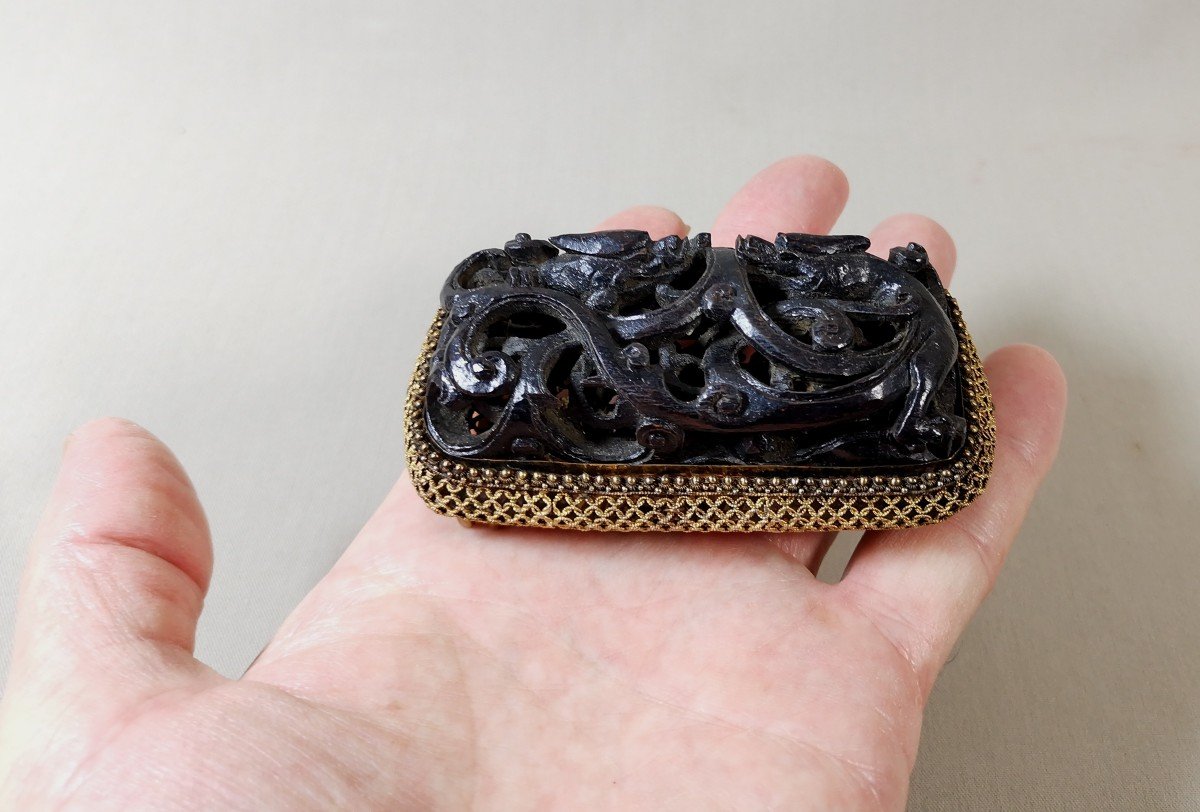 China Or Japan 19th Century, Belt Buckle In Silver Vermeil And Carved Wood With Openwork Dragons-photo-3