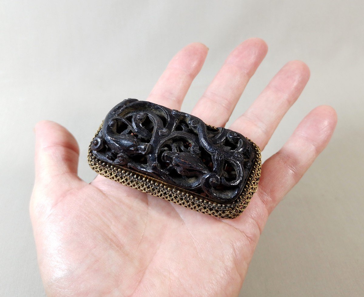 China Or Japan 19th Century, Belt Buckle In Silver Vermeil And Carved Wood With Openwork Dragons-photo-4